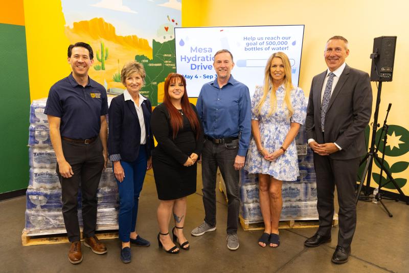 Speakers and elected representatives at Mesa Hydration Donation Campaign kickoff at United Food Bank