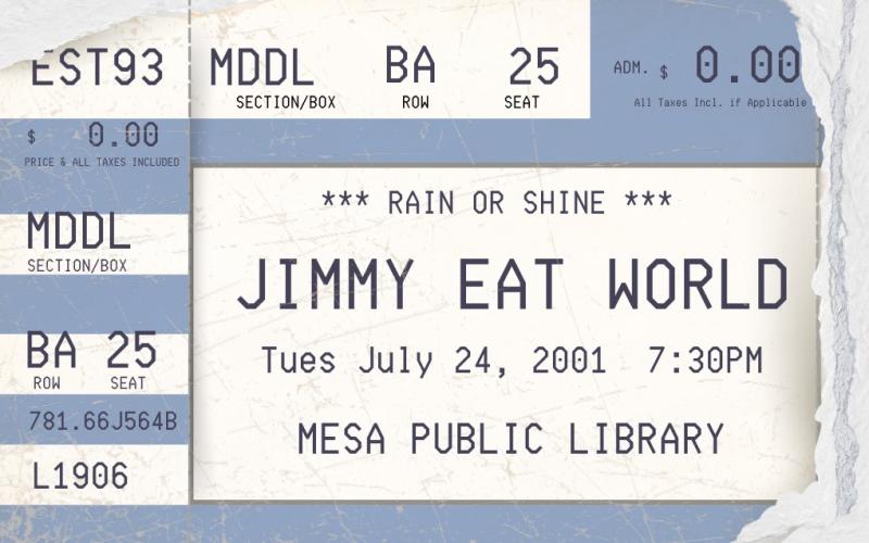 Image of Jimmy Eat World library card shaped like a concert ticket for Mesa Public Library 
